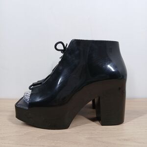 Melissa Black Glossy Rubber Lace-Up Platform Peep Toe Chunky Heel Shoes 1485